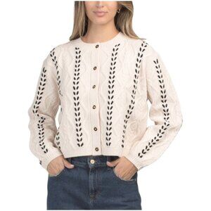 CECE Wool Blend Contrast Stitch Cable Knit Cardigan